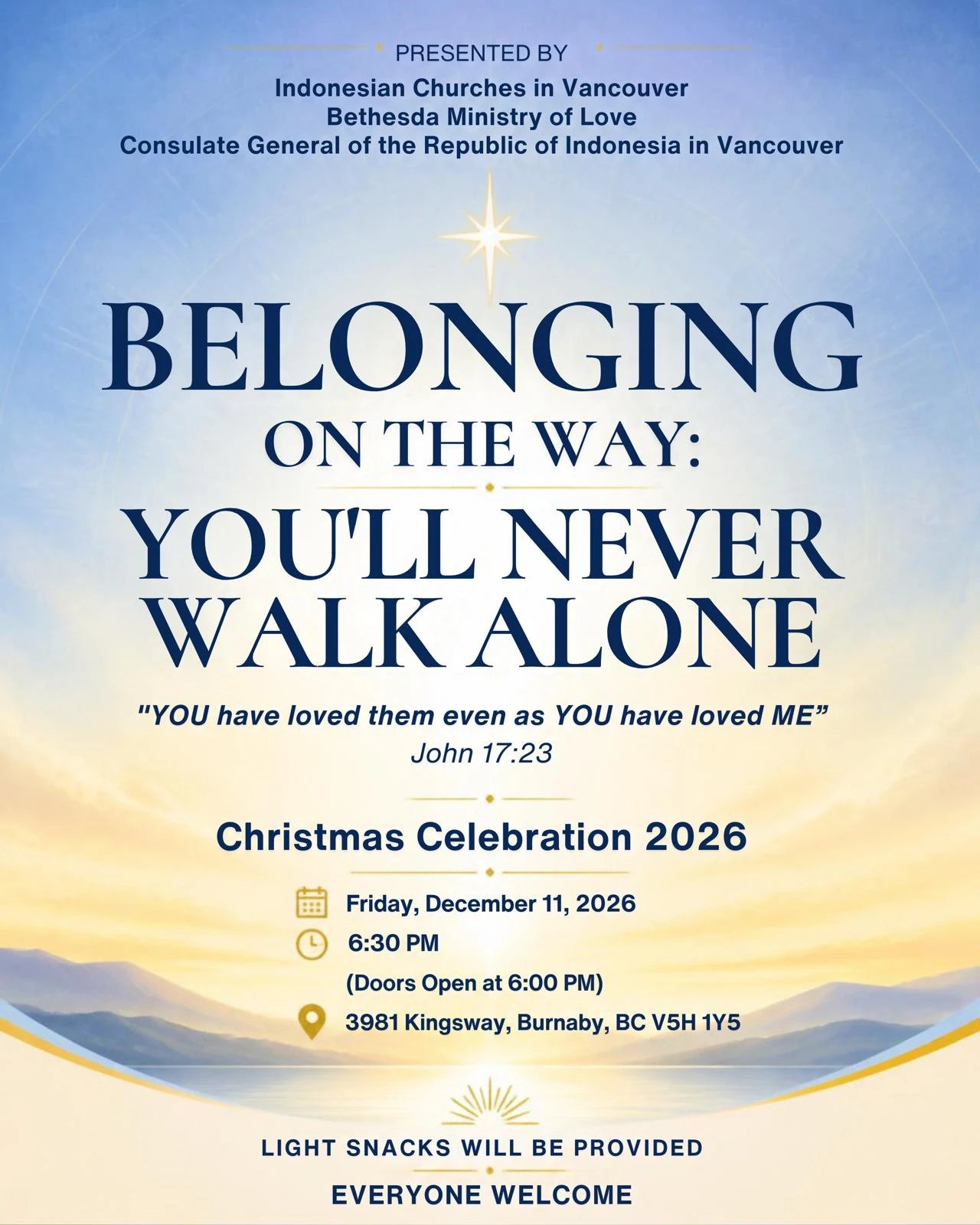 Christmas Celebration 2026 poster, Belonging on the Way: You'll Never Walk Alone, Friday December 11 at 3981 Kingsway, Burnaby